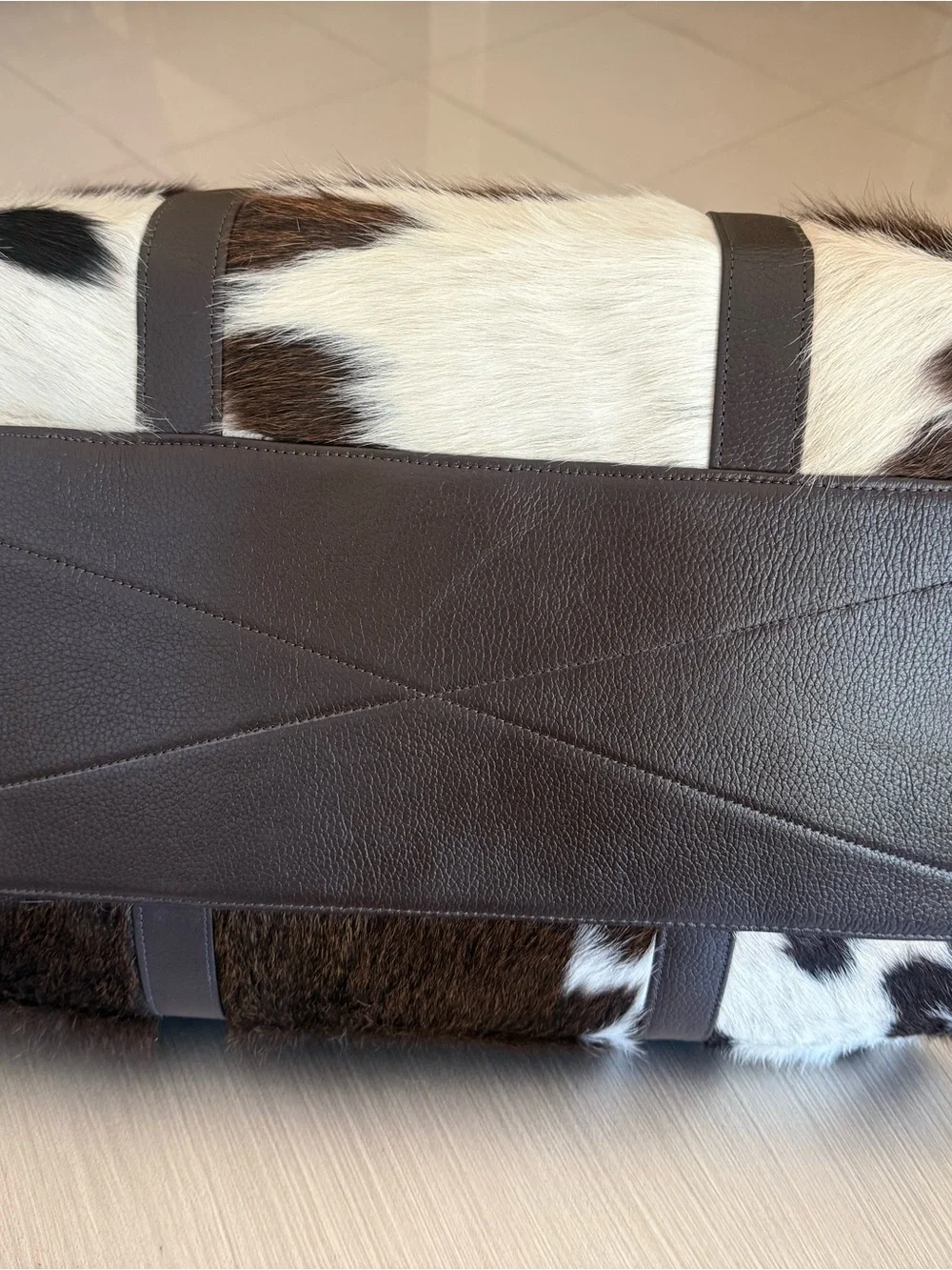 Genuine Cowhide Fur Duffle Bag with Dark Brown Leather Trim